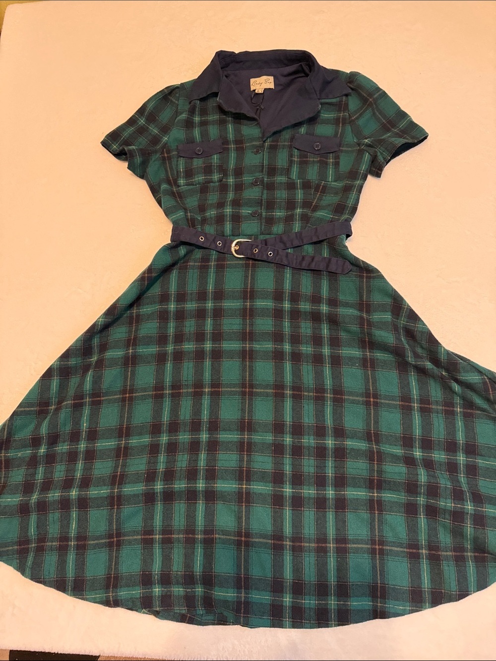 Green and Black Plaid Belted Shirt Dress